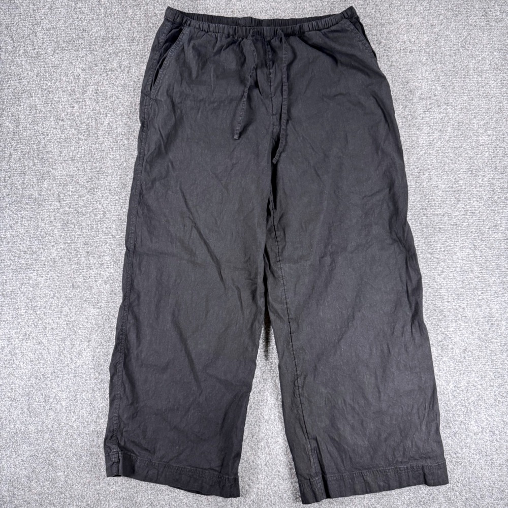 Athleta Womens Medium Petite Black Linen Blend Wide Leg Drawstring Pants Resort